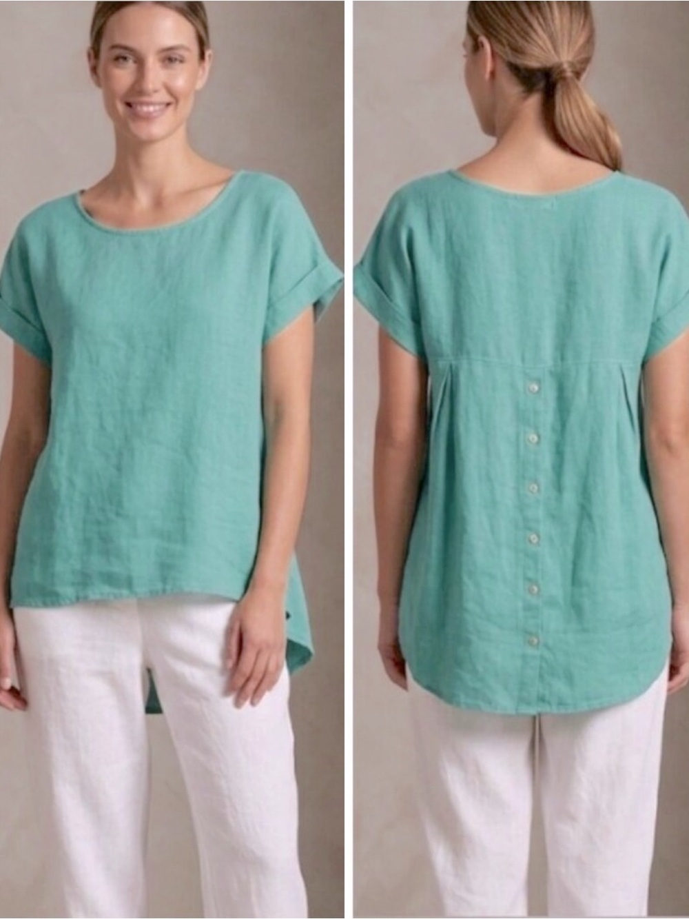 Terzo Millennio Blouse Tunic Top Small Aqua Short Sleeve Linen Relaxed Hi-Low